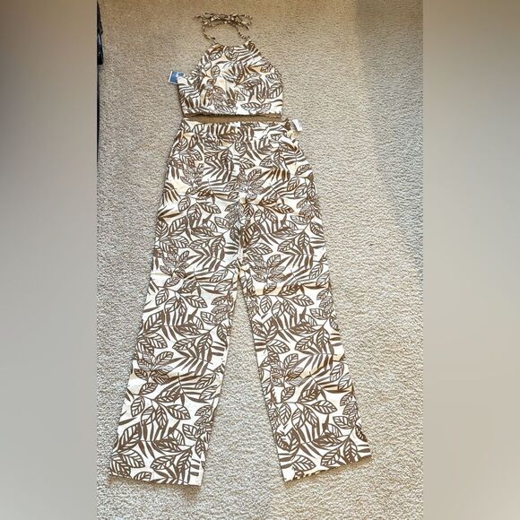 NWOT House of Harlow 1960 Linen Brown/Cream Halter Top & Wide Leg Pants Set Sz 4 - Picture 2 of 16
